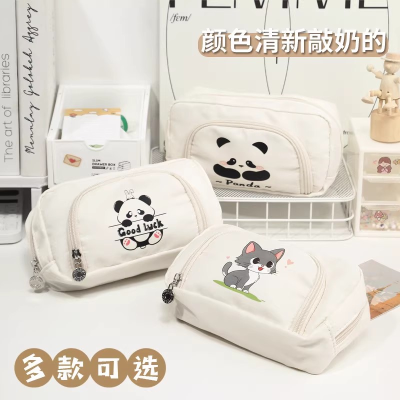 新款熊猫翻盖米白铅笔袋ins高颜值初高学生大容量多层桌面文具