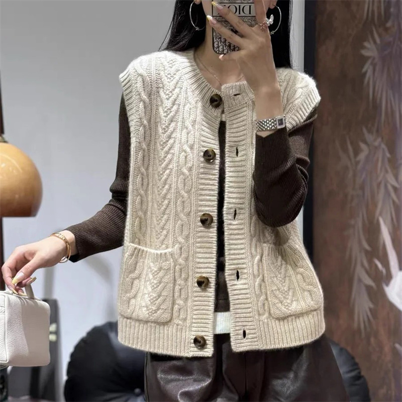 秋冬100纯羊毛马甲开衫女圆领加厚针织无袖叠穿坎肩宽松毛衣背心