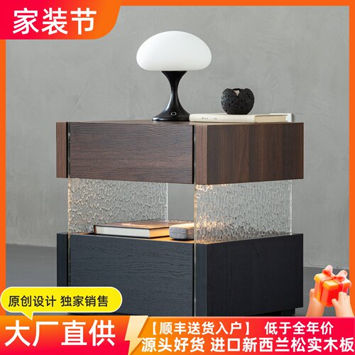 意式极简钢化玻璃床头柜北欧悬浮式带灯床边柜现代简约卧室收纳柜