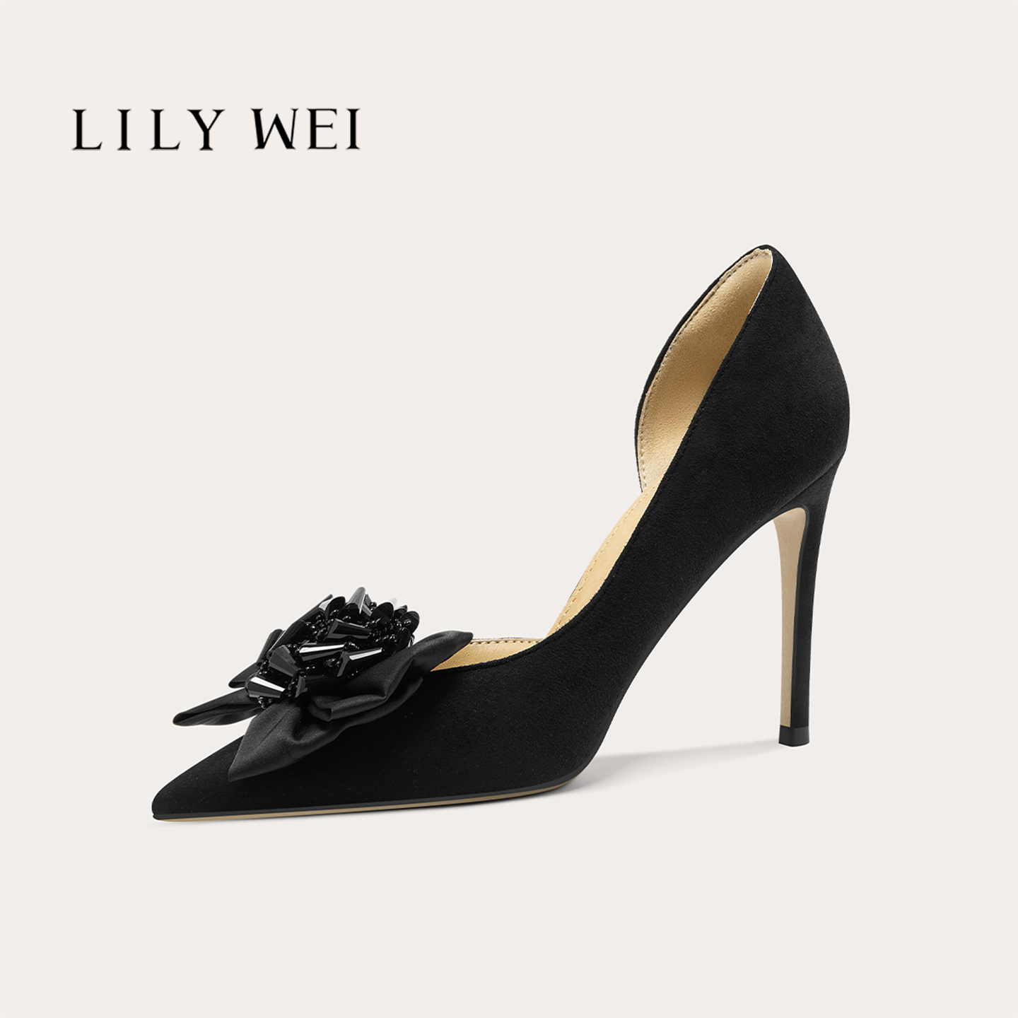 Lily Wei【夜花】绒面尖头高跟鞋黑色蝴蝶结黑钻细跟气质约会女鞋