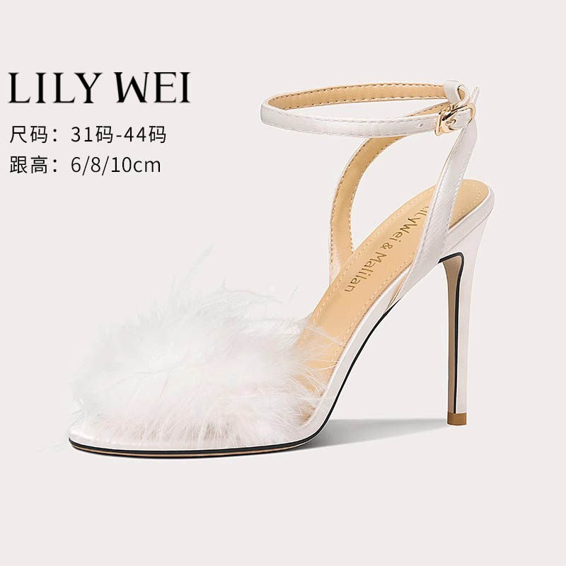 Lily Wei【甜心芭蕾】一字带白色羽毛高跟鞋细跟凉鞋小码女夏百搭
