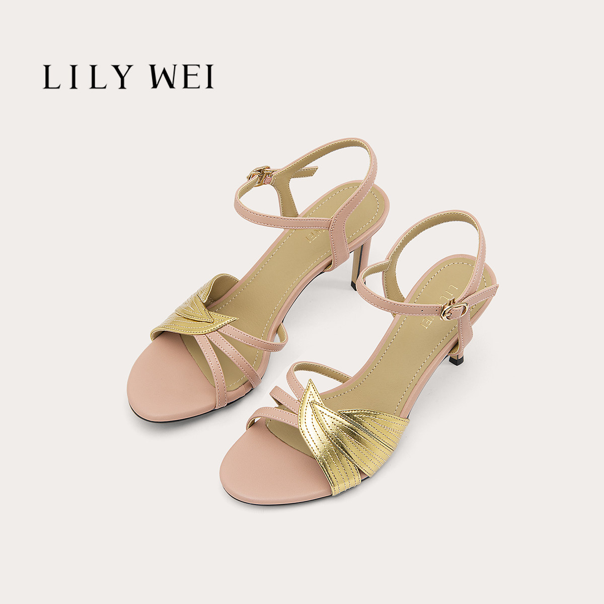 Lily Wei【棕榈泉假日】时尚法式裸粉金属叶片高跟鞋细带露趾凉鞋