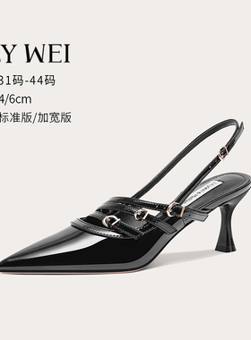 LilyWei【露娜】黑色性感尖头高跟鞋皮带扣法式包头凉鞋大码41-43