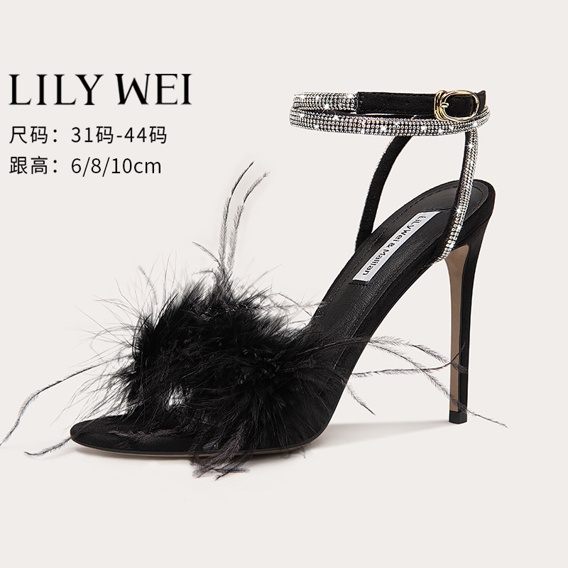 Lily Wei【星羽绮梦】黑色水钻高跟鞋性感羽毛一字带凉鞋大码女41