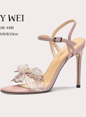 Lily Wei【妙璞】夏季新款粉色凉鞋蝴蝶结温柔高跟鞋女小码313233