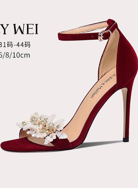 Lily Wei夏季新款红色丝绒高跟鞋凉鞋女一字带大码女鞋41一43细跟