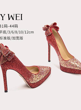 Lily Wei【朱砂痣】红色高跟鞋23新款蝴蝶结绝美婚鞋秀禾两穿超高