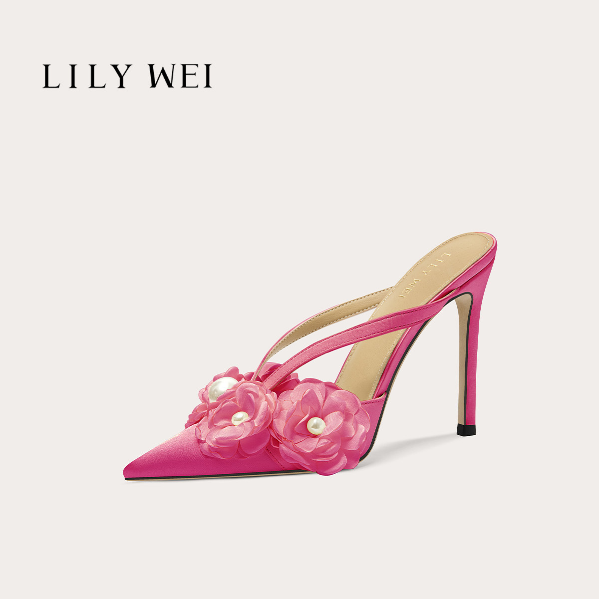 Lily Wei【山茶漫语】玫红色法式后空凉鞋珍珠花簇约会宴会高跟鞋