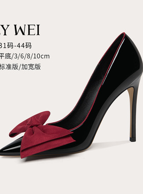 LilyWei【安妮公主】黑色高跟鞋大码41-43细跟尖头红色蝴蝶结单鞋