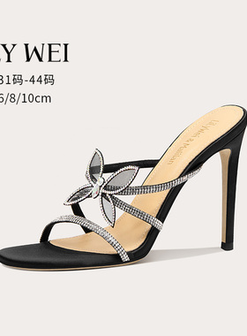 Lily Wei【蝶梦】黑色性感高跟凉鞋blingbling细跟凉拖鞋大码外穿