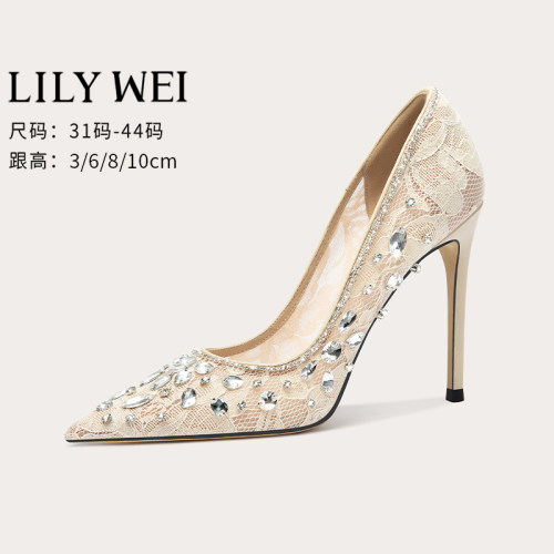 LilyWei优雅气质高跟鞋蕾丝水钻