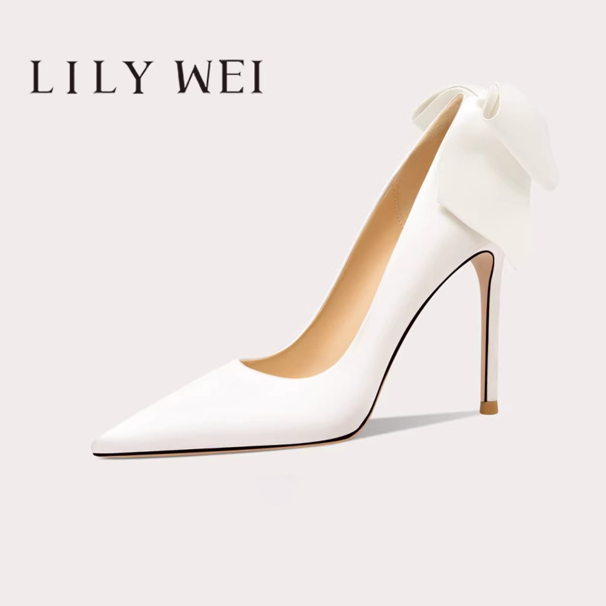 Lily Wei【初恋】白色主婚纱法式蝴蝶结婚鞋新娘鞋绸缎高跟鞋绝美