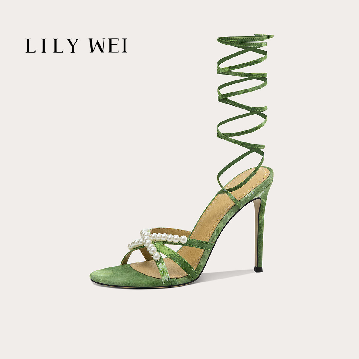 LilyWei【碧草衔珠 】绑带清新时尚高跟凉鞋设计感小众女鞋小码31