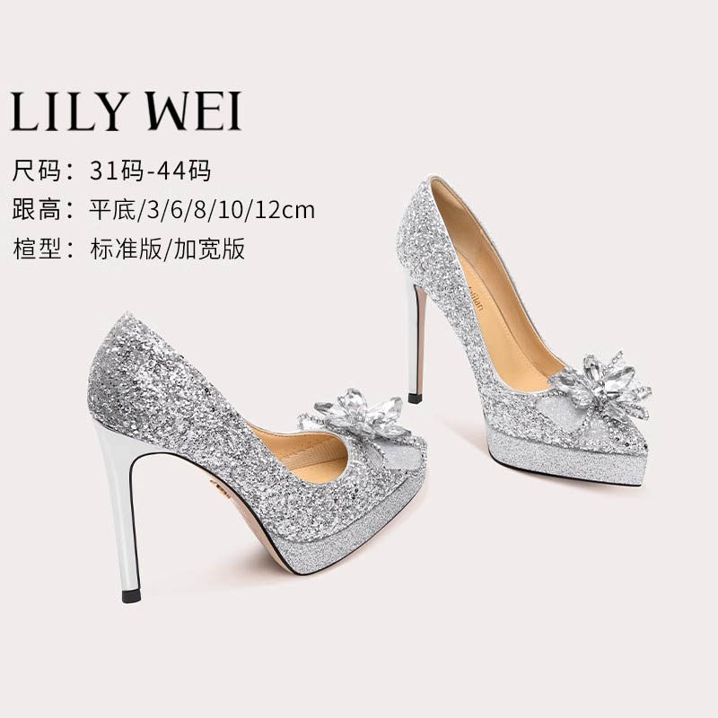 Lily Wei【白露辰霜】法式水晶婚鞋防水台不累脚高跟鞋宴会单鞋女