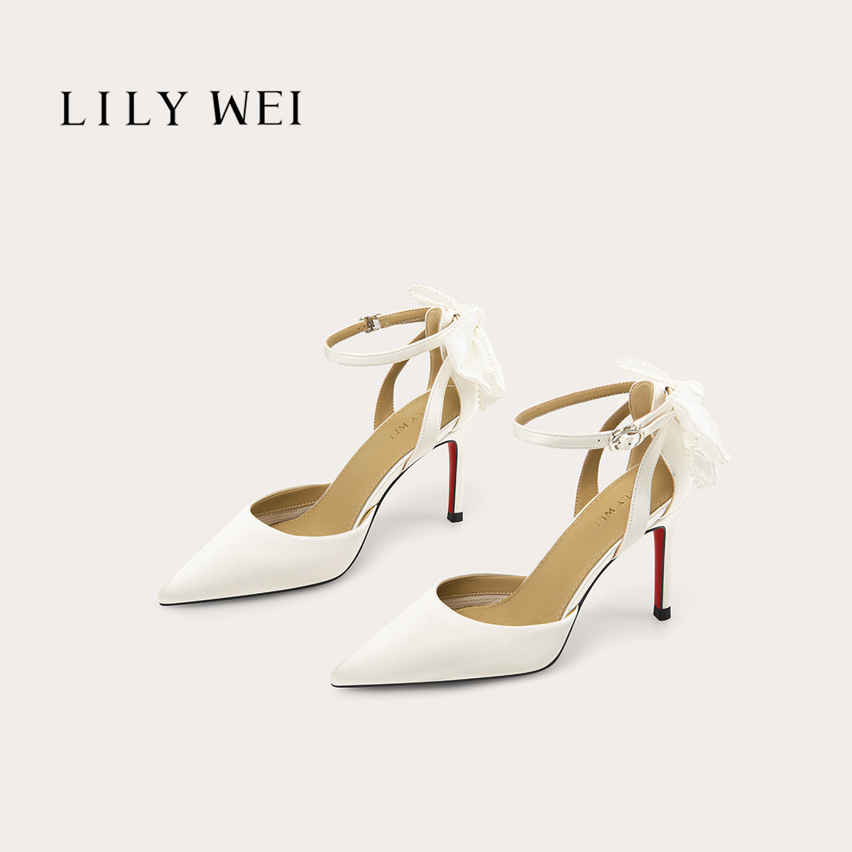 Lily Wei【素羽】米白尖头细跟红底凉鞋蝴蝶结绊带法式气质女鞋