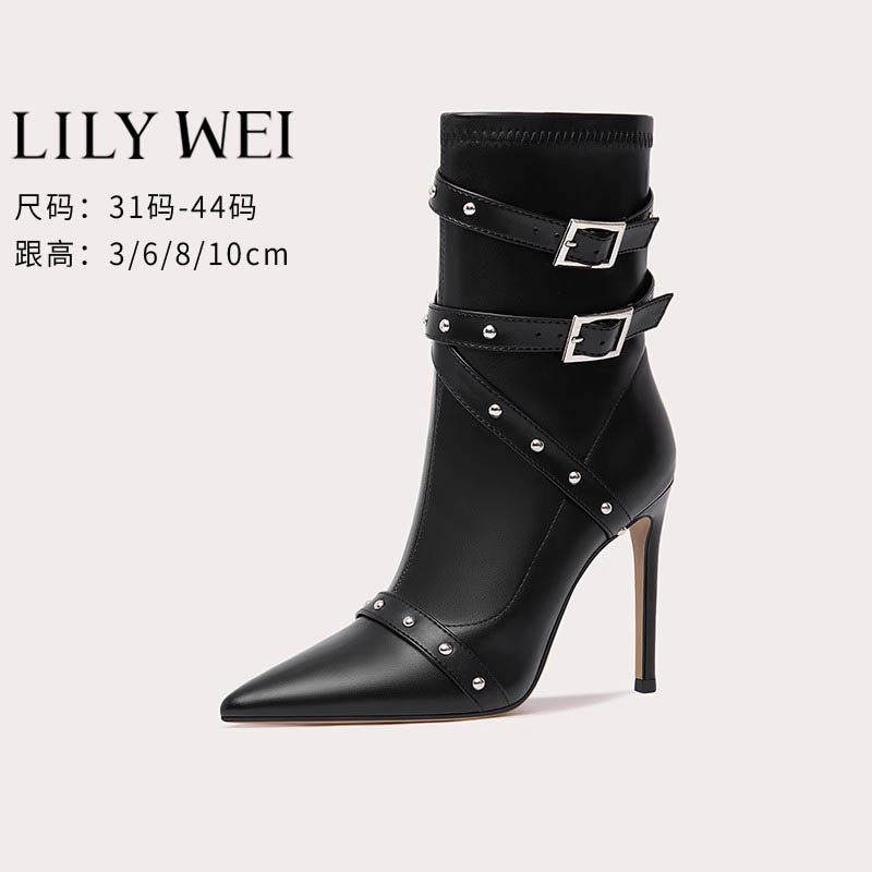 Lily Wei复古朋克风秋冬新款中筒靴子铆钉炸街高跟短靴大码41-43