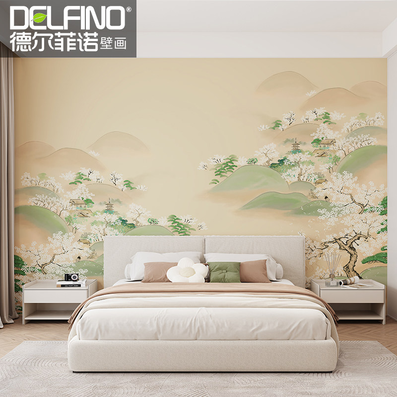 新中式无缝墙布卧室床头客厅墙纸沙发电视背景墙壁布山定制壁画,家装主材,定制壁画,淘宝优惠券,粉丝福利购,淘宝优惠卷