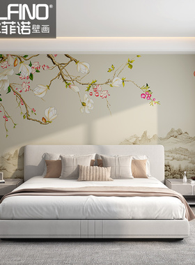 无缝墙布现代简约卧室床头客厅沙发电视背景墙定制新中式花鸟壁画