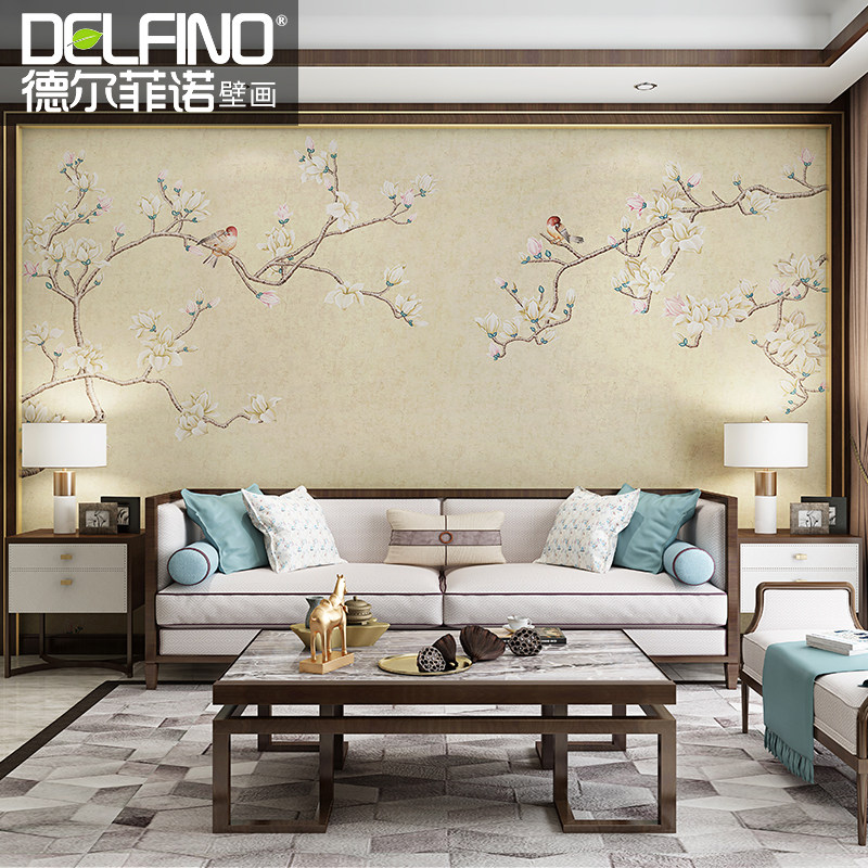 无缝墙布现代简约墙纸卧室客厅中式电视背景墙壁布定制梅花壁画