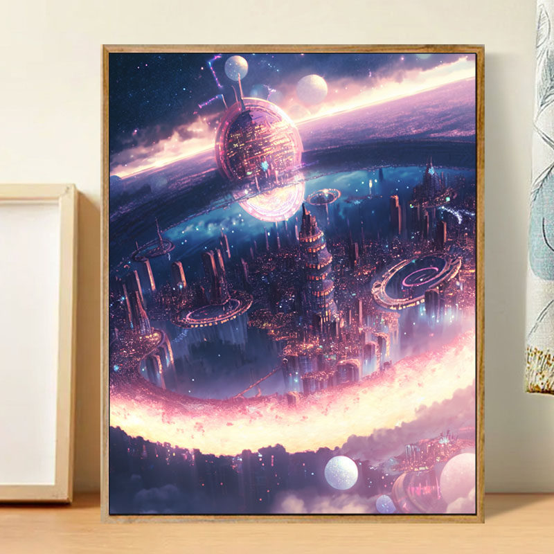 diy数字油画未来科幻城手工绘填充涂色卧室客厅摆件油彩装饰挂画