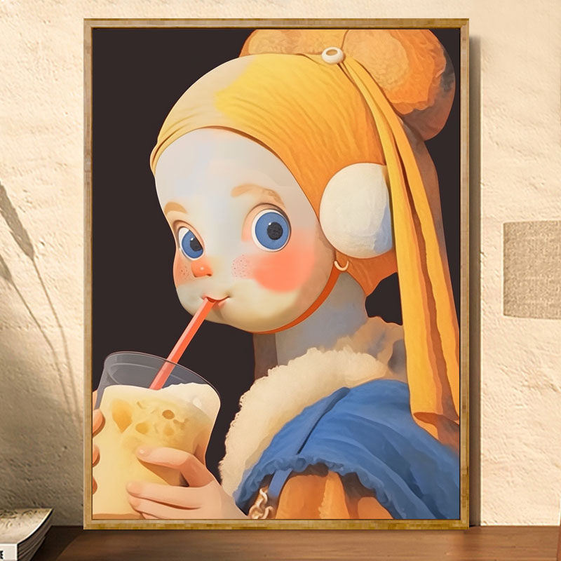 喝珍珠奶茶的少女 diy数字油画卡通动漫手绘填色画手工礼物油彩画