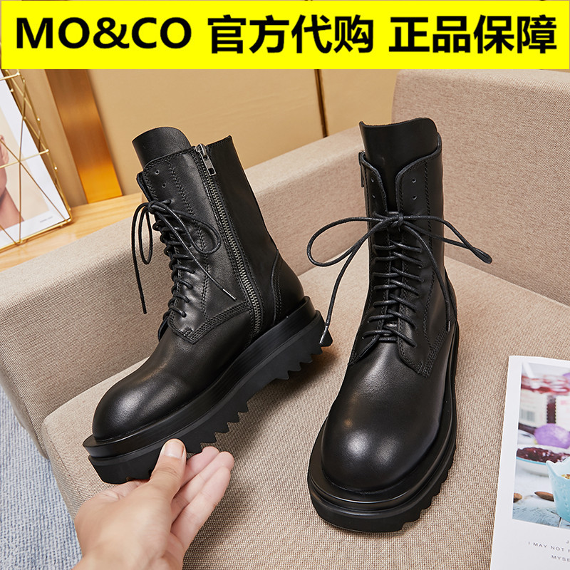 摩安珂鞋子MOCO20秋冬季款拉链头层真牛皮圆头双层厚底马丁短靴女
