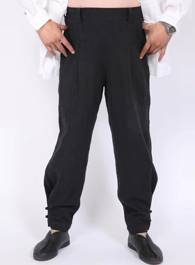 高三强新款唐装裤子 秋冬中国风棉裤松紧腰宽松束腿棉麻长裤18336