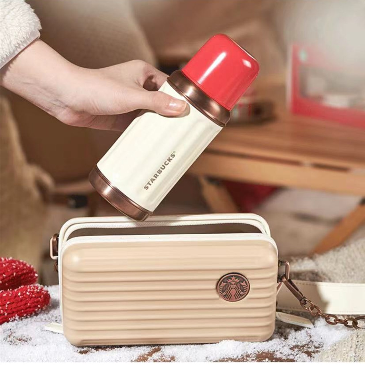 复古红保温杯配背提包套装