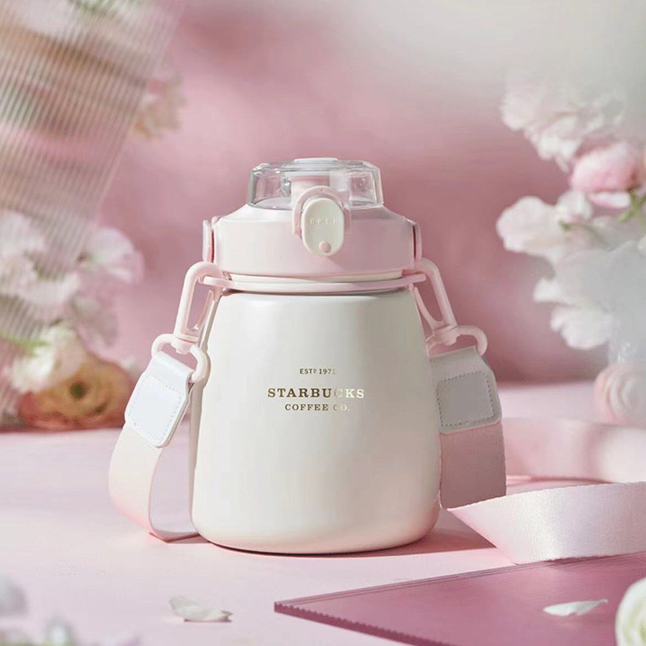 星巴克杯子23年1000ml桃花朵朵款不锈钢大肚杯吸管大容量便携送礼