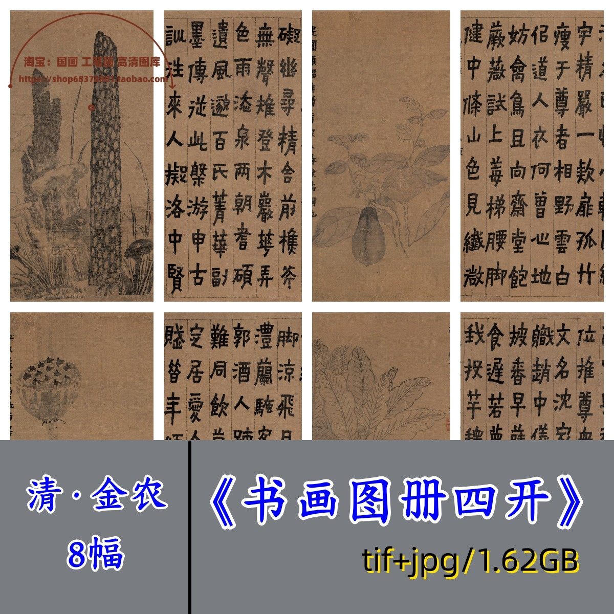 清代金农书画图册四开/书法绘画合册集传统写意花卉山石图电子版图片