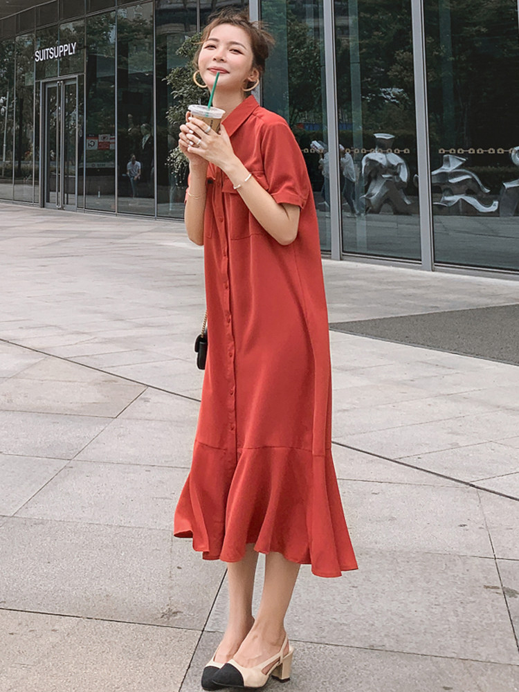 Black super long shirt dress women's 2021 new summer Korean edition loose thin over the knee temperament fishtail skirt