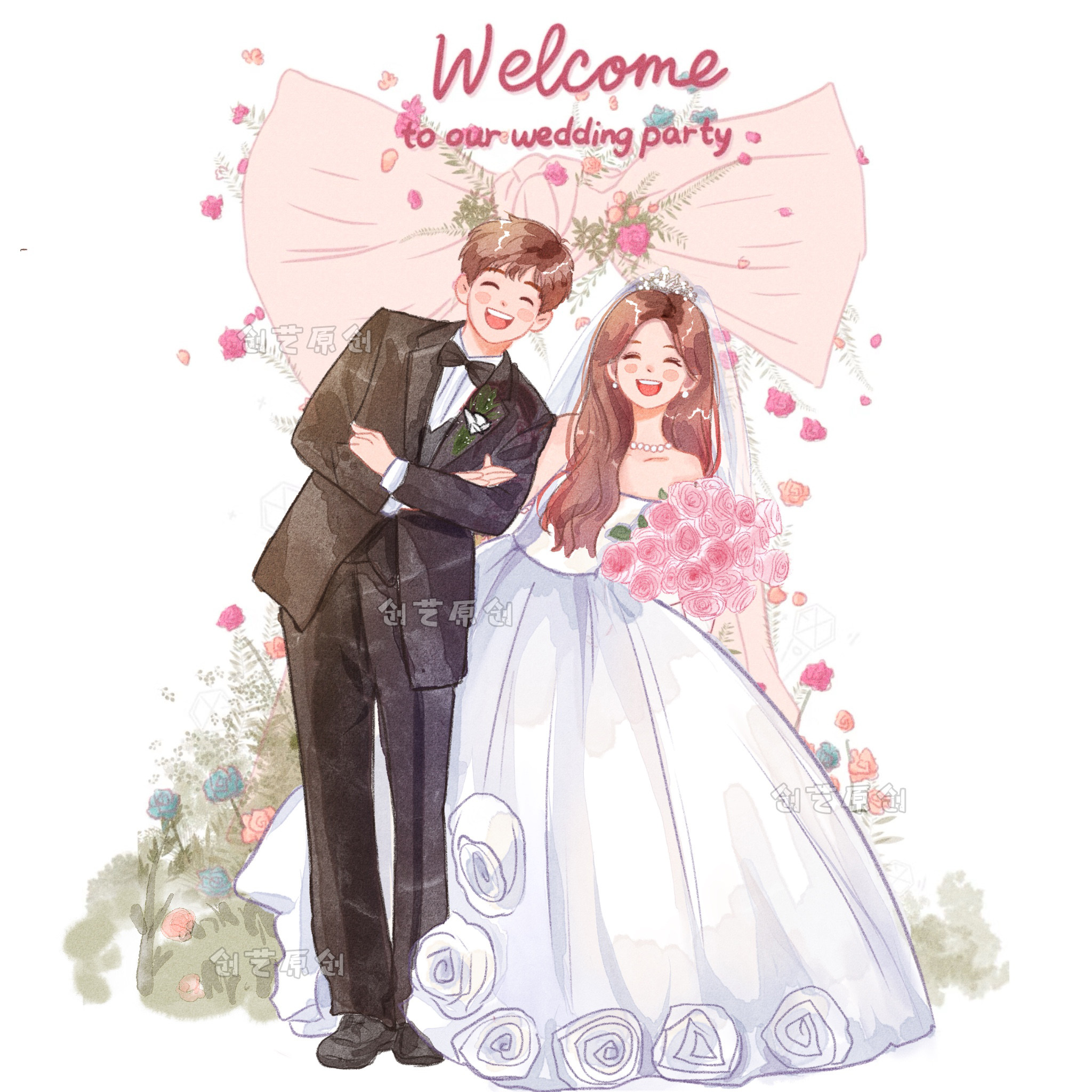 Q版手绘婚纱照卡通头像定制婚礼请柬设计人形立牌情侣动漫形象画