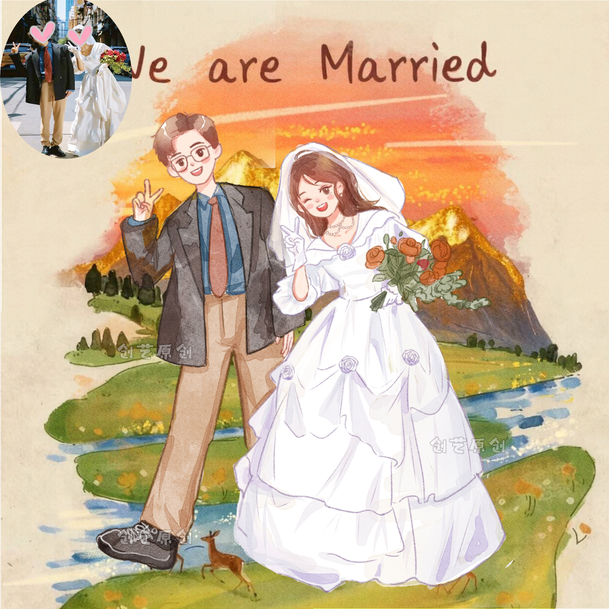 Q版手绘婚纱照卡通头像定制婚礼请柬设计人形立牌情侣动漫形象画