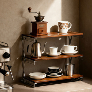 桌面置物架实木桌搭多层免安装可折叠电脑桌面咖啡感杯收纳置物架