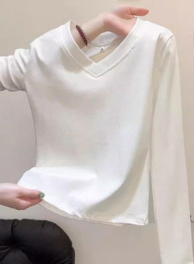 白色V领长袖T恤女新款修身打底衫纯棉修身百搭打底衫上衣今年流行