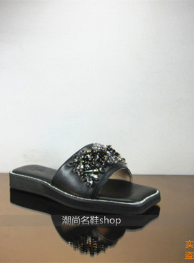 欧货专柜正品玛莎贝尔21夏方头闪钻边牛皮底/钻饰牛皮拖鞋201-8