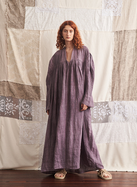 NEANT AW22 S1 古典扎染亚麻褶皱连衣裙（灰紫）