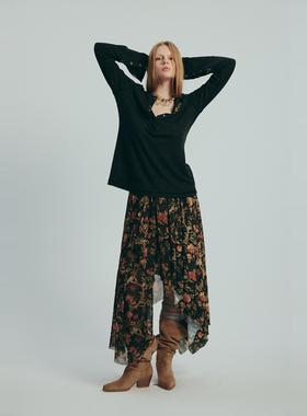 NEANT不规则下摆褶皱复古印花半身裙