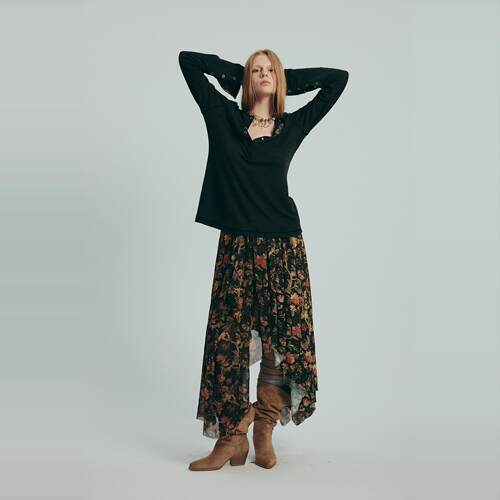 NEANT不规则下摆褶皱复古印花半身裙