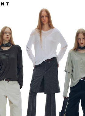 NEANT半截袖假两件亨利领全棉针织上衣 深灰色/纯白/豆绿灰