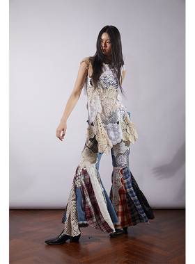 NEANT AW21 格子蕾丝杯垫拼接喇叭牛仔裤