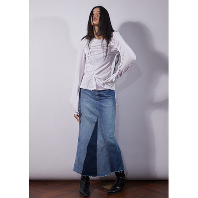 牛仔拼接深浅水洗a字半裙