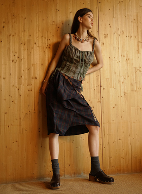 NEANT SS22 S1 藏青格纹立体剪裁结构半裙