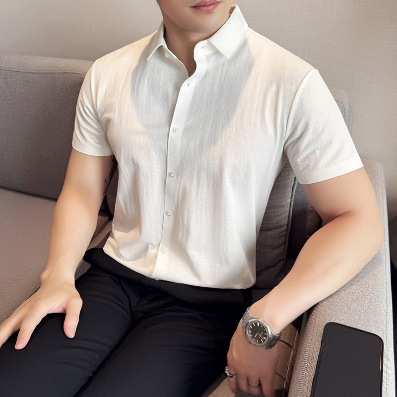 【TGH】 亚麻弹力衬衫男短袖夏季高级感2025新款衬衣修身高端休闲