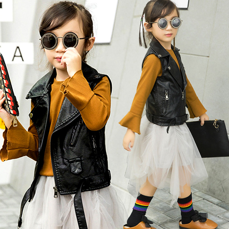 童装大童皮马甲春秋新款无袖夹克男女童亲子装皮衣马甲演出服外套