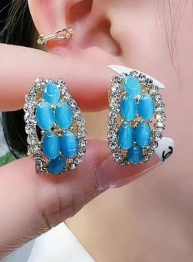 超闪蓝色耳环女2025年新款爆款高级感显脸瘦耳饰港风气质百搭耳钉