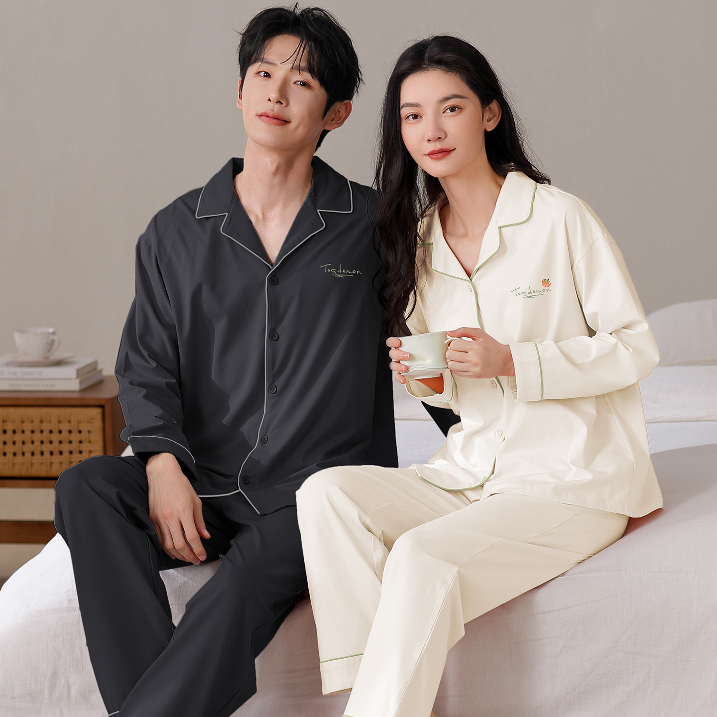婵之云情侣睡衣纯棉长袖春秋款女可爱卡通男开衫舒适可外穿家居服