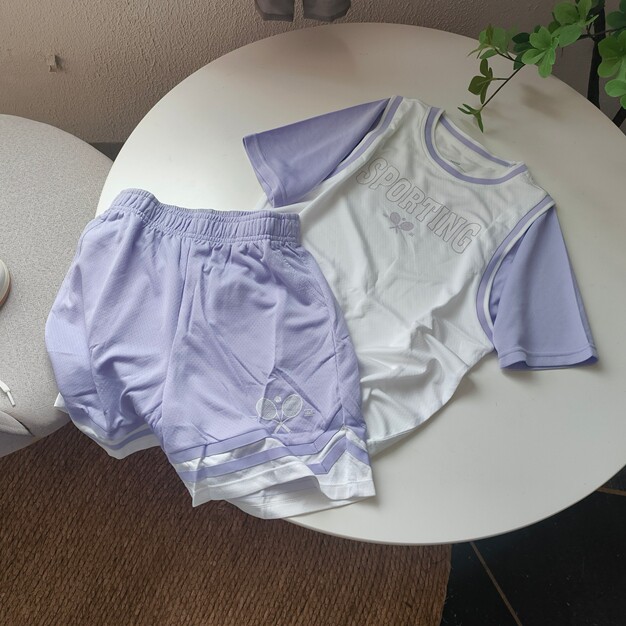 笑笑家 童装套装 女童拼色速干运动套装 短袖短裤假两件款 夏季