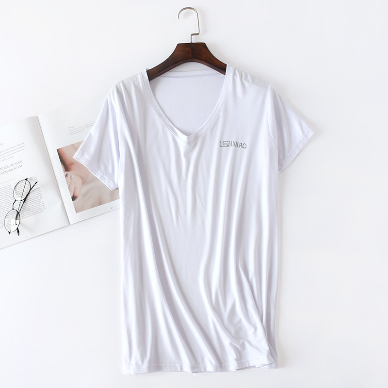 부티크 남성 모달 티셔츠 얇은 루즈 캐주얼 반팔 청소년 브이넥 솔리드 컬러 비필링 바닥 셔츠 티셔츠