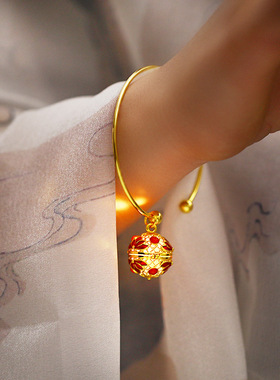 手镯古风铃铛戒指女童彼岸花儿童汉服饰品中国风礼物复古开口镯子